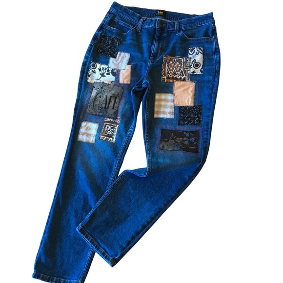 Upcycled Boho Patchwork Jeans, Women's Size 10: Coffee-Inspired Hippie Pants - Picture 3 of 15